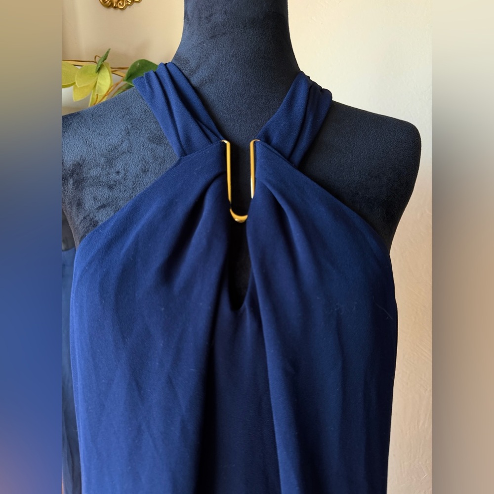 Navy blue twist neck dress gold embellishment Trina Turk size 8 see description
